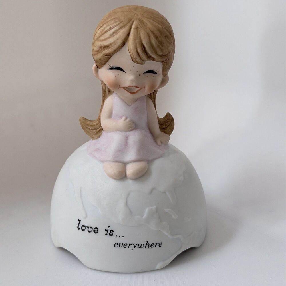 VTG Schmid Love Is … Everywhere Music Box Girl Sitting on Globe Porcelain Taiwan